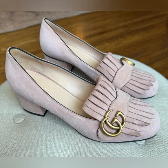 Gucci GG Kiltie Fringe Mid Heel Crystal Pink Suede w/ Gold Pump Women's 38.5 - Picture 3 of 16